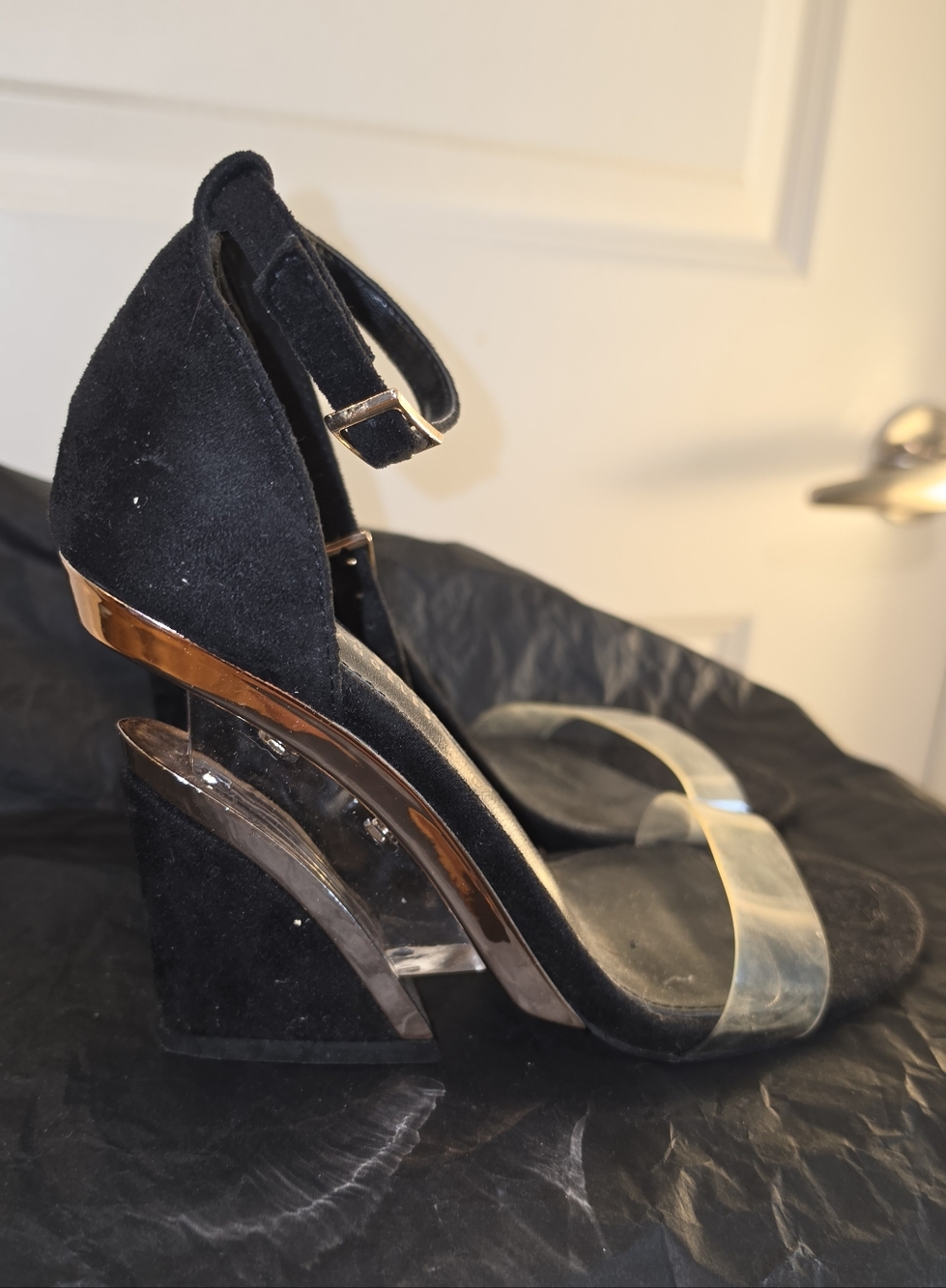 Fashion Nova Black Suede Heels with Clear Toe Strap